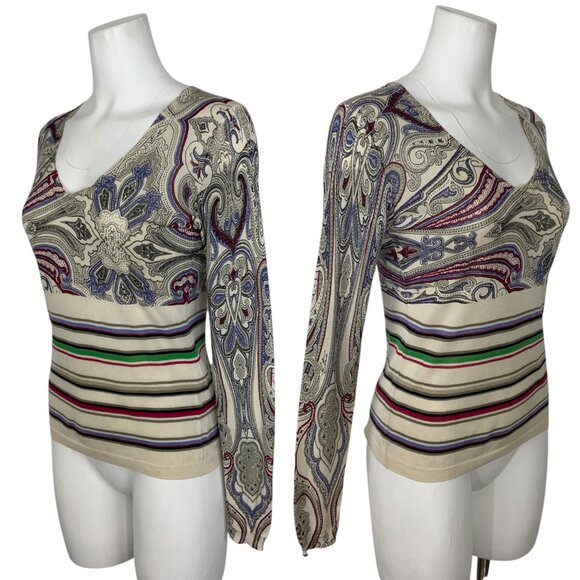 Etro Silk Sweater Italy 44 US 8 Paisley Striped V-Neck Long Sleeve DEFECTED - Picture 3 of 12